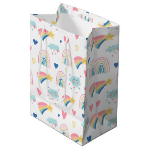 Cute Rainbow Hearts & Clouds Pattern Medium Gift Bag