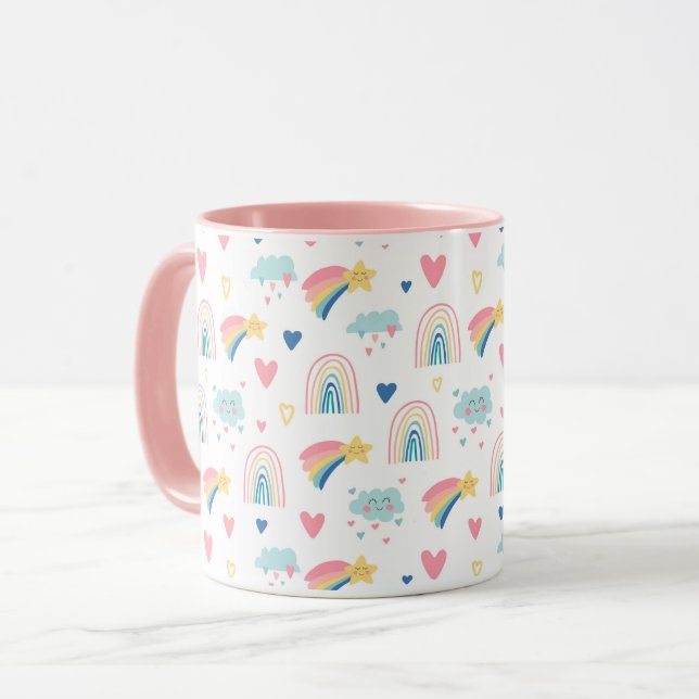 Cute Rainbow Hearts & Clouds Pattern Mug (Front Left)