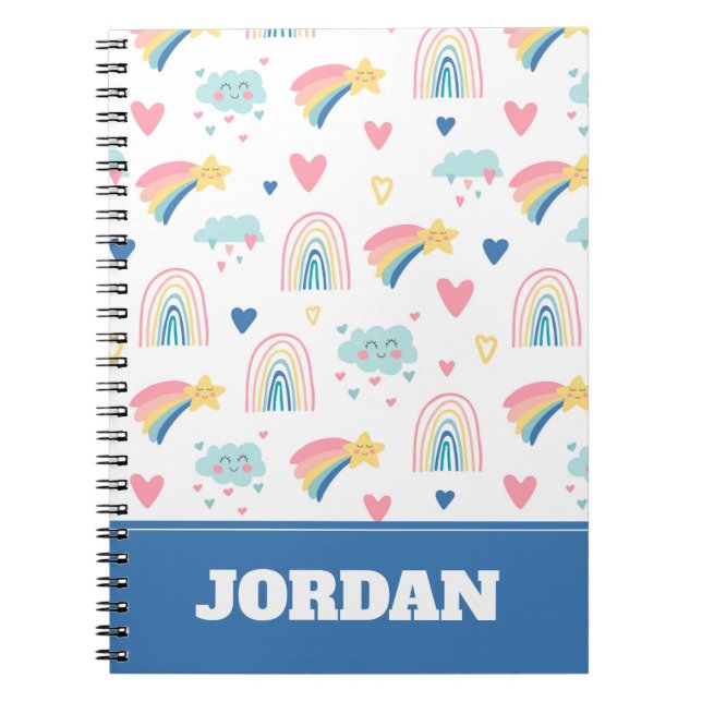 Cute Rainbow Hearts & Clouds Pattern Notebook (Front)