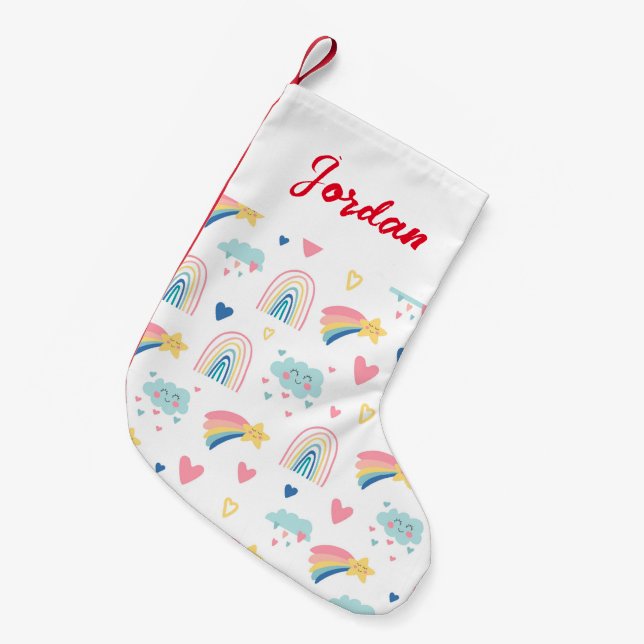 Cute Rainbow Hearts & Clouds Pattern Small Christmas Stocking (Front (Hanging))