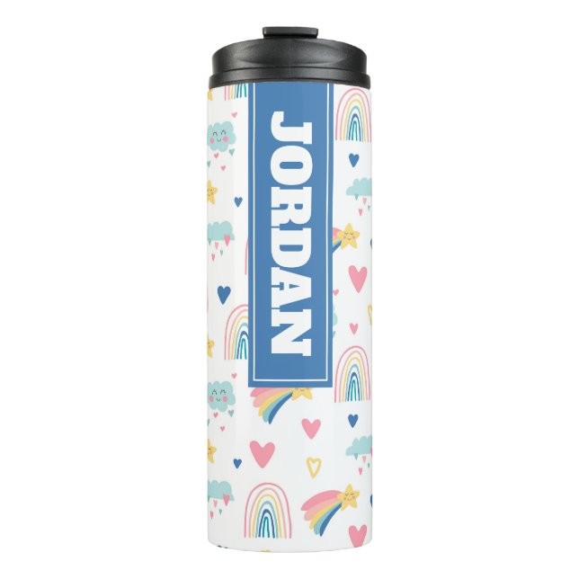 Cute Rainbow Hearts & Clouds Pattern Thermal Tumbler (Front)