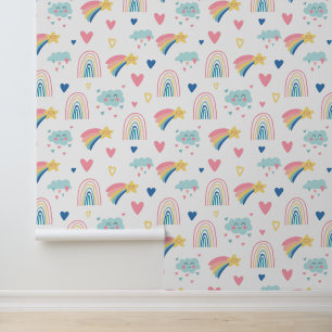 Cute Rainbow Hearts & Clouds Pattern Wallpaper
