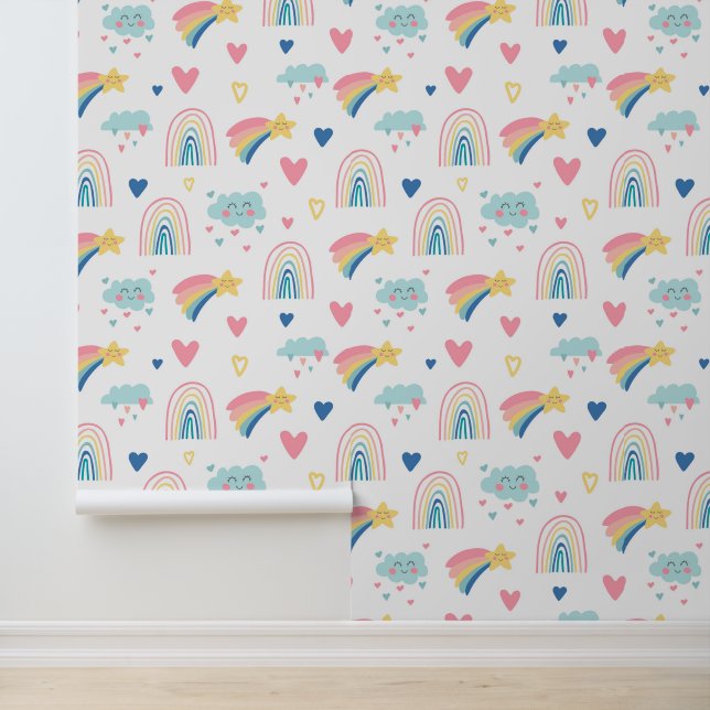 Cute Rainbow Hearts & Clouds Pattern Wallpaper (Application)