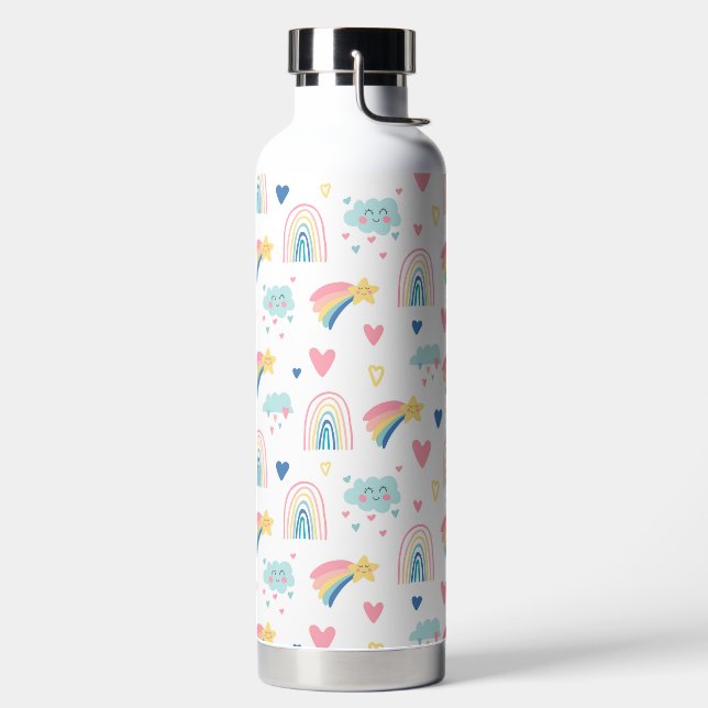 Cute Rainbow Hearts & Clouds Pattern Water Bottle (Left)