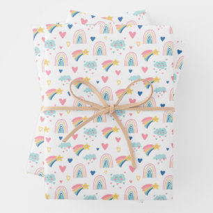 Cute Rainbow Hearts & Clouds Pattern Wrapping Paper Sheet