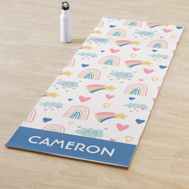 Cute Rainbow Hearts & Clouds Pattern Yoga Mat (In Situ)