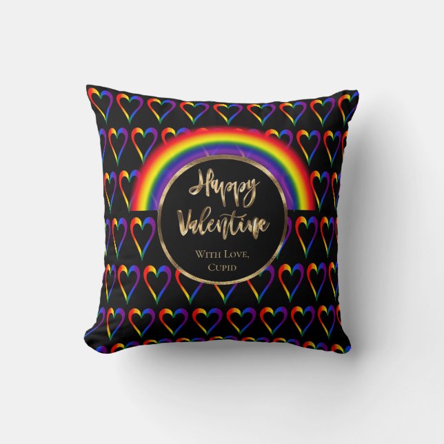 Cute Rainbow Hearts LGBTQ Valentine's Day Throw Pillow (Front)