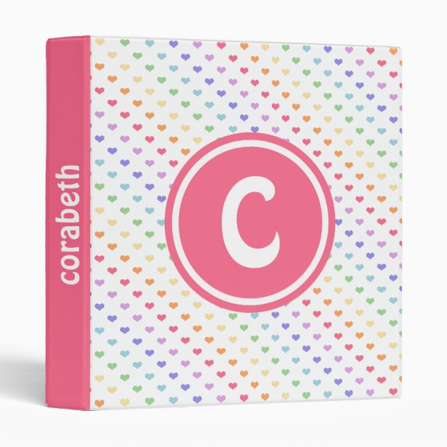 Cute Rainbow Hearts Monogram Binder (Front/Spine)