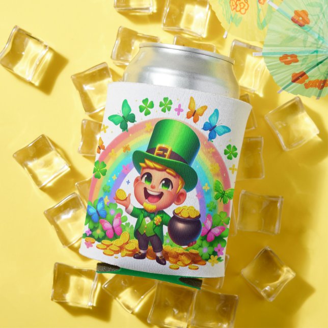 Cute Rainbow Leprechaun with Gold Can Cooler (In Situ Summer)