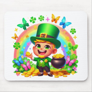 Cute Rainbow Leprechaun with Gold Mouse Pad