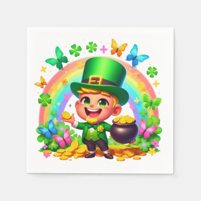 Cute Rainbow Leprechaun with Gold Napkin (Front)