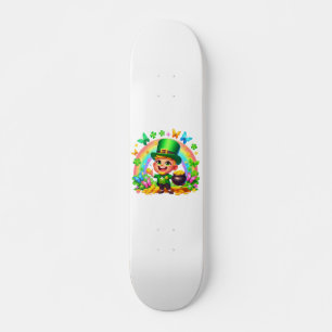 Cute Rainbow Leprechaun with Gold Skateboard