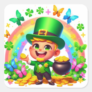 Cute Rainbow Leprechaun with Gold Square Sticker