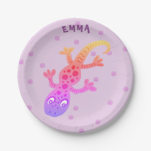Cute Rainbow Lizard Gecko Birthday Party Name Paper Plate