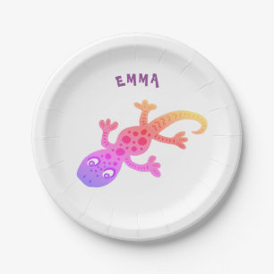 Cute Rainbow Lizard Gecko Birthday Party Name Paper Plate