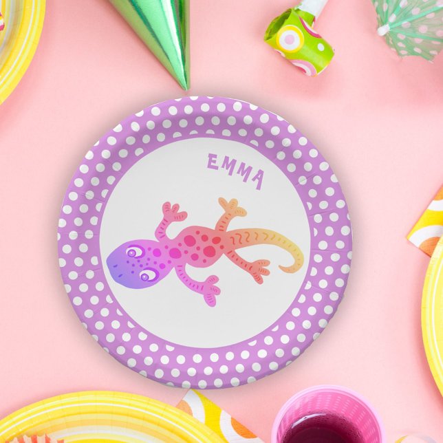 Cute Rainbow Lizard Gecko with Name Birthday Paper Plate (Creator Uploaded)