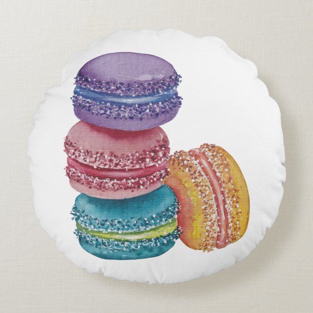 Cute Rainbow Macaroons In Watercolor  Cushion (Front)