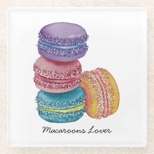 Cute Rainbow Macaroons In Watercolor  Glass Coaster (Front)