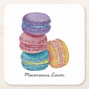 Cute Rainbow Macaroons In Watercolor  Square Paper Coaster