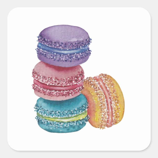 Cute Rainbow Macaroons In Watercolor Square Sticker (Front)