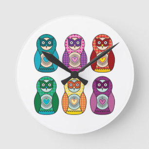 Cute Rainbow Matryoshka Owls Round Clock