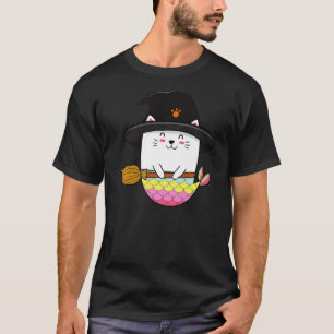 Cute Rainbow Mermaid Cat Halloween Witch Hat Cost T-Shirt