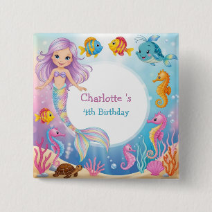 Cute Rainbow mermaid fish seahorse Birthday 2 Inch Square Button