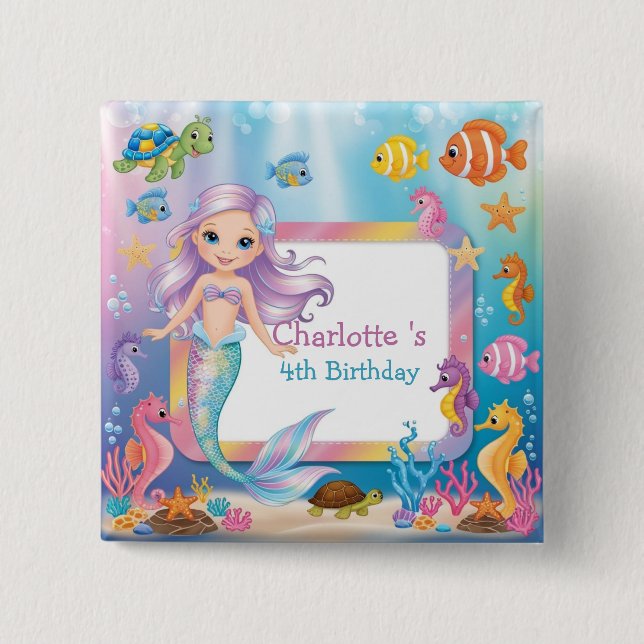 Cute Rainbow mermaid fish turtle star Birthday 2 Inch Square Button (Front)