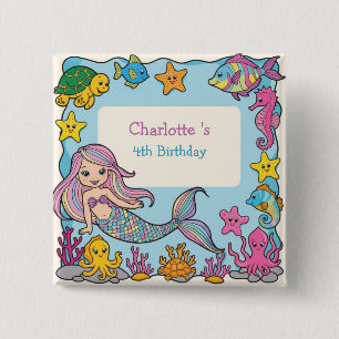 Cute Rainbow mermaid fish turtle star Birthday 2 Inch Square Button