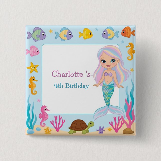 Cute Rainbow mermaid fish turtle star Birthday 2 Inch Square Button (Front)