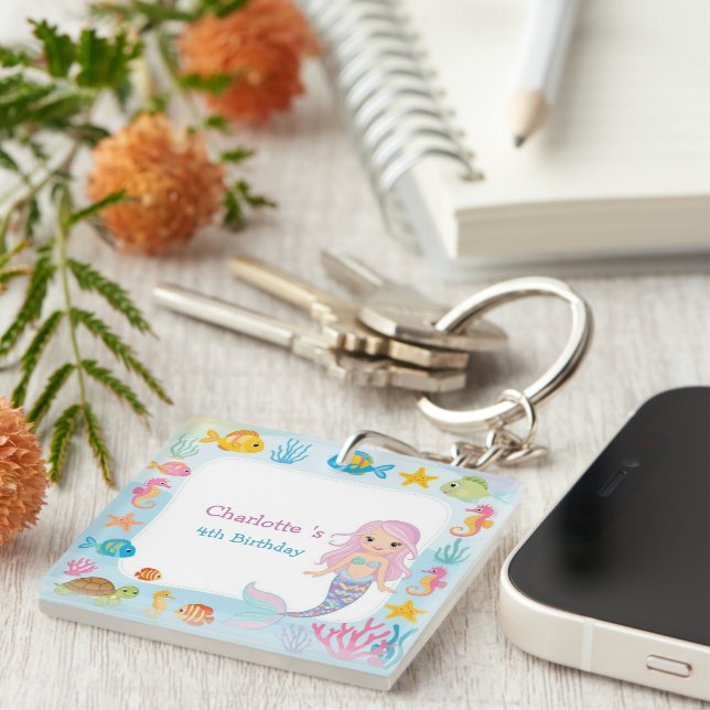 Cute Rainbow mermaid fish turtle star Birthday Keychain (Front Right)