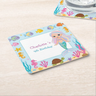 Cute Rainbow mermaid fish turtle star Birthday Square Paper Coaster
