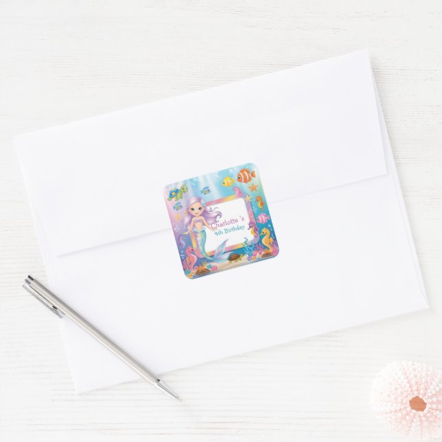 Cute Rainbow mermaid fish turtle star Birthday Square Sticker (Envelope)