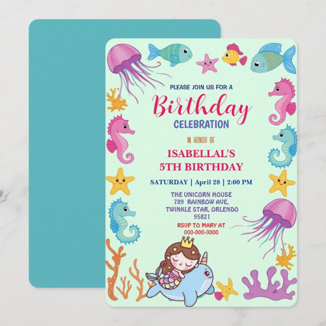 cute rainbow mermaid narwhal fish unicorn birthday save the date (Front/Back)