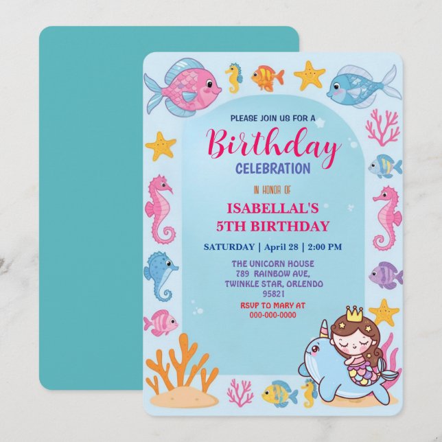cute rainbow mermaid narwhal fish unicorn birthday save the date (Front/Back)