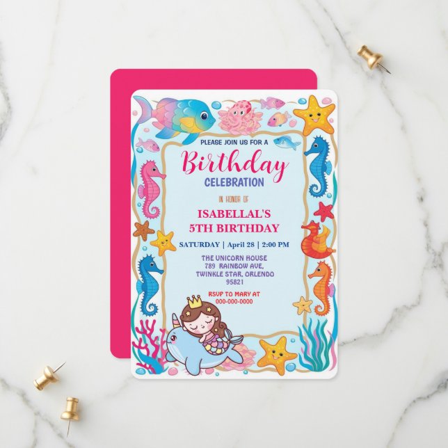 cute rainbow mermaid narwhal fish unicorn birthday save the date (Front/Back In Situ)