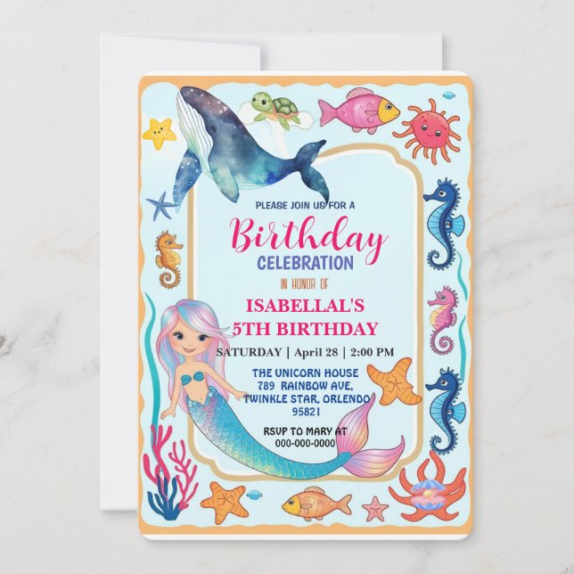 Cute rainbow mermaid turtle whale fish birthday save the date (Front)