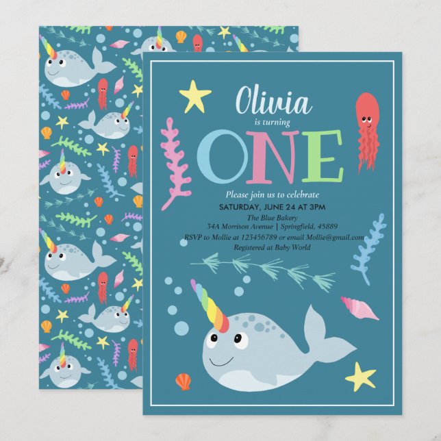 Cute Rainbow Narwhal Ocean and Name 1st Birthday Invitation (Front/Back)