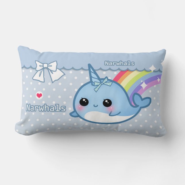 Cute rainbow narwhal on white & blue polka dots lumbar pillow (Front)