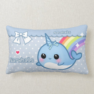 Cute rainbow narwhal on white & blue polka dots lumbar pillow