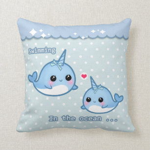 Cute rainbow narwhal on white & blue polka dots throw pillow