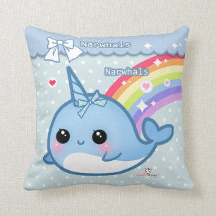 Cute rainbow narwhal on white & blue polka dots throw pillow