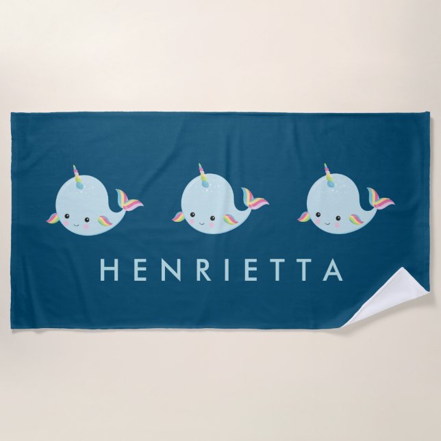 Cute Rainbow Narwhal Personalized Name Kids Beach Towel (Front)