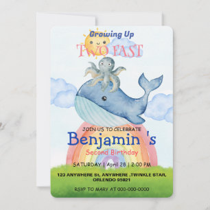 Cute rainbow octopus Whale 2nd Birthday party Invitation