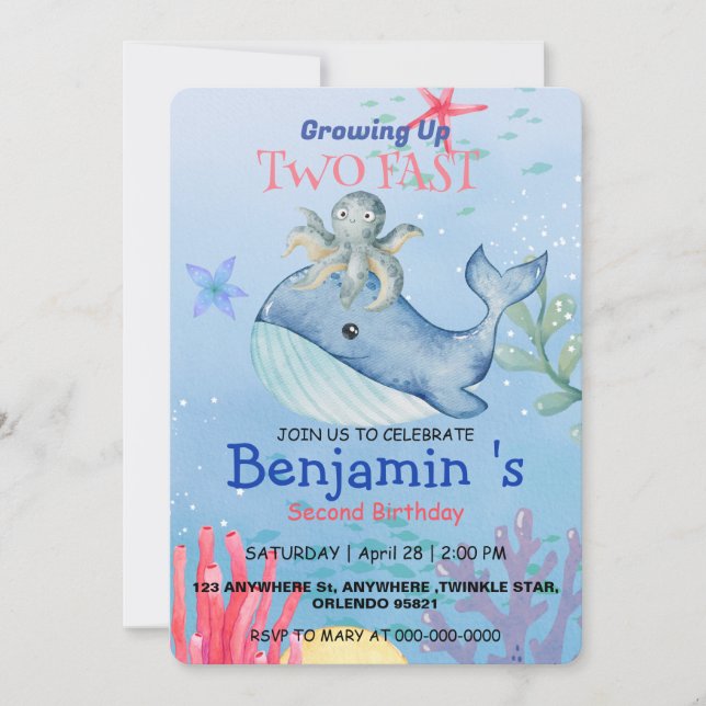 Cute rainbow octopus Whale 2nd Birthday party Invitation (Front)