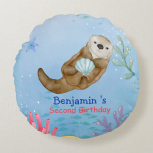 Cute rainbow Otter Scallops Birthday party Round Pillow
