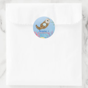 Cute rainbow Otter Scallops sea Birthday party Classic Round Sticker