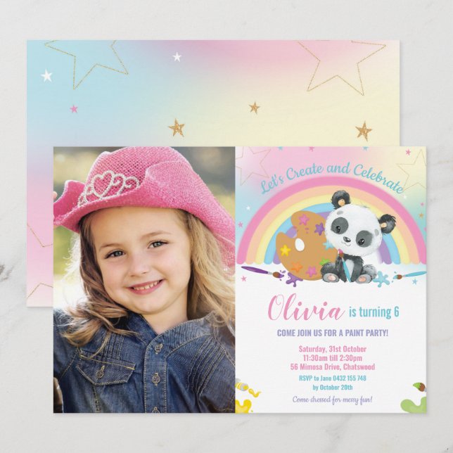 Cute Rainbow Panda Art Party Paint Birthday Photo Invitation (Front/Back)