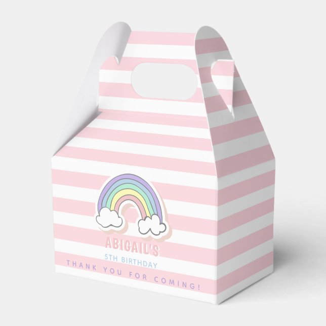 Cute Rainbow - Pastel Pink Striped Kids Birthday Favor Box (Front Side)