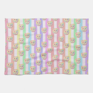 Cute Rainbow Pastel Teddy Bear and Stripe Kitchen Towel